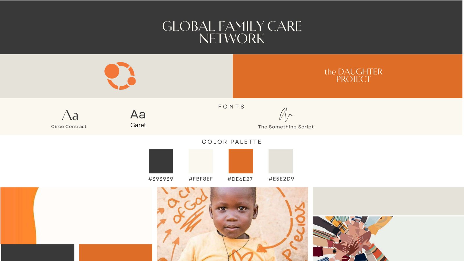 GFCN and The Daughter Project brand board — fonts and colour palette