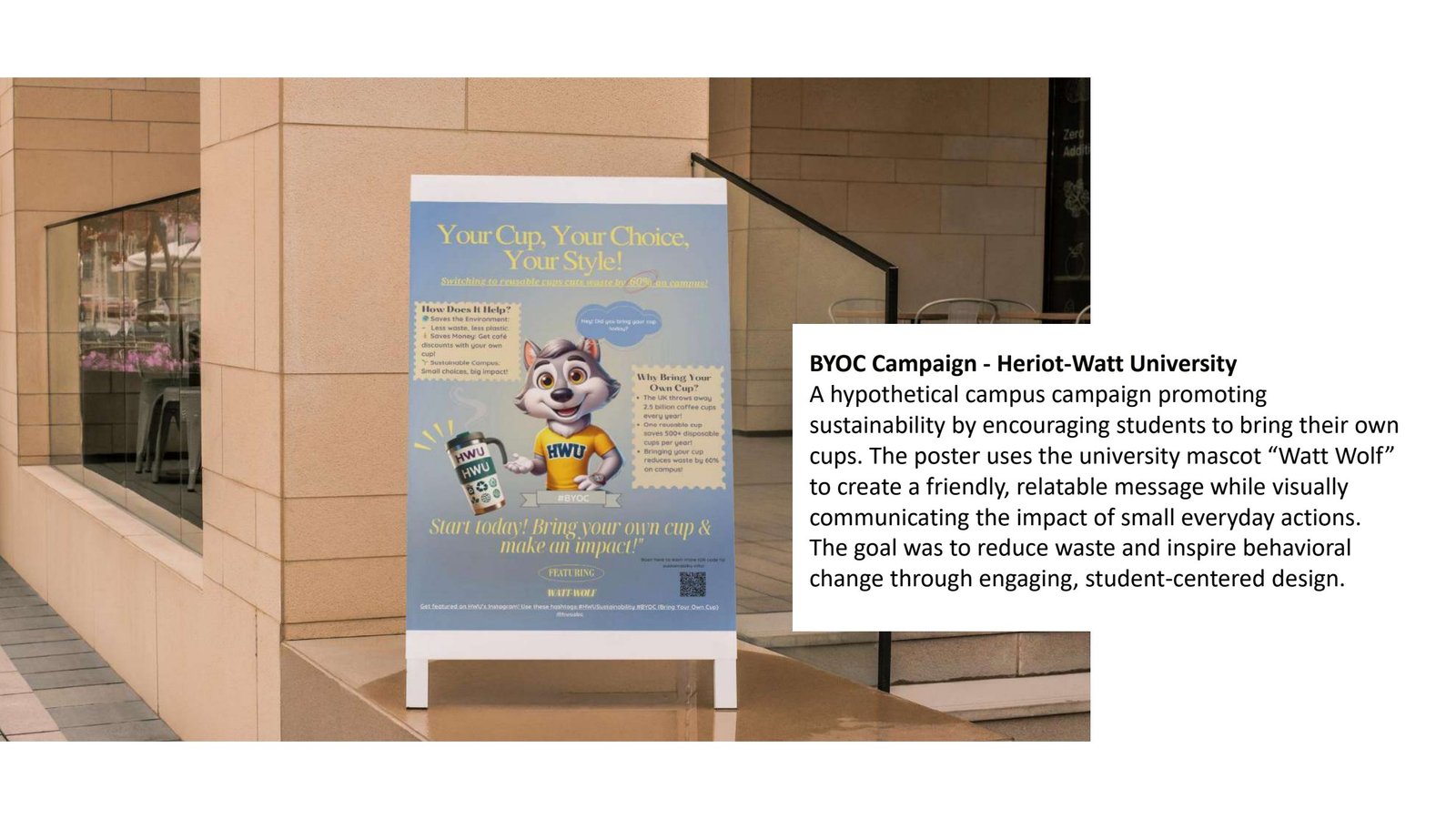 BYOC sustainability campaign poster with Watt Wolf mascot